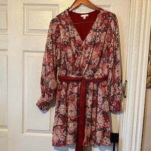 LC Floral Sequins Wrap Dress - Red